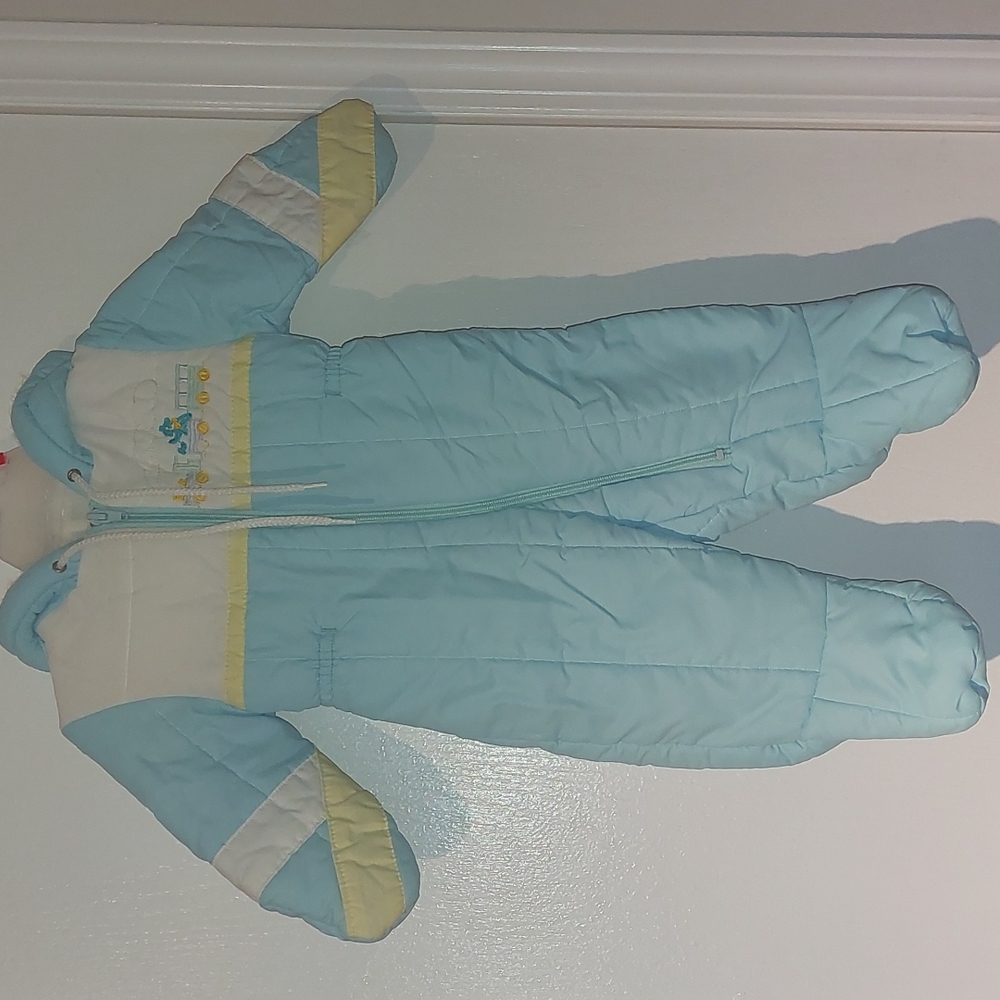 Vtg Baby Boy Blue Snowsuit with embroidered train size 9-12 months